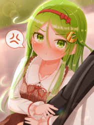 Rule 34 | 1boy, 1girl, :t, alternate costume, anger vein, arm hug, black jacket, blurry, blurry background, blush, closed mouth, commentary request, crescent, crescent hair ornament, dress, green eyes, green hair, hair between eyes, hair ornament, hairband, highres, jacket, kantai collection, long hair, long sleeves, nagatsuki (kancolle), pout, red hairband, shirt, spoken anger vein, suzushiro (gripen39), white shirt