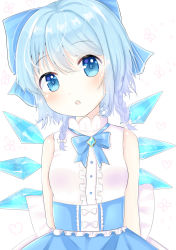 Rule 34 | 1girl, bad id, bad pixiv id, blouse, blue dress, blue eyes, blue hair, blue ribbon, blush, bow, braid, brooch, buttons, cirno, commentary request, dress, dress shirt, frilled shirt, frills, hair between eyes, hair bow, ice, ice wings, jewelry, neck ribbon, neckwear request, nibosi, open mouth, pinafore dress, ribbon, sash, shirt, short hair, simple background, sleeveless, sleeveless dress, sleeveless shirt, solo, standing, touhou, twin braids, white background, white bow, white shirt, wings