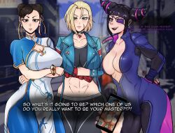 Rule 34 | 1boy, 3girls, abs, absurdres, blonde hair, bodysuit, breasts, cammy white, capcom, cellphone, chun-li, cleavage, deanefae, english text, eyepatch, han juri, highres, large breasts, multiple girls, phone, pov, short hair, smartphone, street fighter, street fighter 6, tagme
