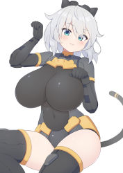 Rule 34 | 1girl, 30 minutes sisters, :3, alternate breast size, black footwear, black leotard, blue eyes, blush, boots, breasts, cable, cable tail, covered navel, grey hair, head tilt, highres, huge breasts, leotard, looking at viewer, mechanical tail, paw pose, rishetta (30ms), short hair, sitting, smile, solo, subten, tail, thigh boots