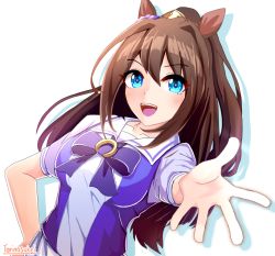 Rule 34 | 1girl, animal ears, artist name, blouse, blue eyes, blue ribbon, blue vest, breasts, brown hair, commentary request, drop shadow, el condor pasa (umamusume), hair between eyes, hand on own hip, horse ears, horseshoe ornament, leaning to the side, long hair, looking at viewer, medium breasts, open mouth, outstretched hand, ponytail, puffy short sleeves, puffy sleeves, purple shirt, ribbon, school uniform, shirt, short sleeves, simple background, solo, standing, teeth, torinosukei, tracen school uniform, umamusume, upper body, upper teeth only, very long hair, vest, white background, white shirt