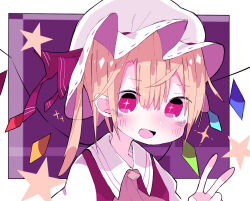 Rule 34 | 1girl, blonde hair, border, collared shirt, fang, flandre scarlet, hair between eyes, hat, highres, looking at viewer, medium hair, mob cap, multicolored wings, nacht musik, open mouth, puffy short sleeves, puffy sleeves, purple background, red eyes, red vest, shirt, short sleeves, skin fang, solo, star-shaped pupils, star (symbol), symbol-shaped pupils, touhou, upper body, v, vest, white border, white hat, white shirt, wings