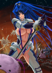 Rule 34 | 1girl, adapted costume, alien, armor, bad id, bad pixiv id, battle, beta (muv-luv), bikini, blood, blue bikini, blue eyes, blue hair, bodysuit, breasts, building, cameltoe, center opening, cleavage, colored blood, floating hair, gloves, hand on hilt, high ponytail, highres, holding, holding weapon, large breasts, legs apart, long hair, looking at viewer, mecha, mitsurugi meiya, monster, muv-luv, muv-luv alternative, navel, outdoors, partially visible vulva, pilot suit, ponytail, projectile trail, purple blood, revealing clothes, robot, sayuhime tatsumi, science fiction, serious, sky, slingshot swimsuit, smoke, stab, standing, star (sky), starry sky, swimsuit, sword, teeth, veins, very long hair, weapon, wedgie