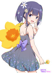 Rule 34 | dress, flower, hair between eyes, hair flower, hair ornament, looking at viewer, open mouth, purple dress, purple eyes, purple hair, ragho no erika, shoulder blades, solo, sukurizo!, sundress, twintails, v