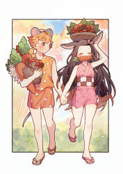 Rule 34 | 1boy, 1girl, ^ ^, absurdres, agatsuma zenitsu, aged down, animal ears, asa no ha (pattern), autumn, balancing on head, bare arms, bare shoulders, basket, black hair, blonde hair, blurry, blurry background, border, carrot, child, closed eyes, colored tips, ear down, eiko znnz, extra ears, facing viewer, food, fruit, full body, hair ribbon, happy, highres, japanese clothes, kamado nezuko, kemonomimi mode, kimetsu no yaiba, kimono, long hair, looking at another, looking to the side, mouse boy, mouse ears, mouse tail, mouth hold, multicolored hair, obi, object on head, orange hair, orange kimono, outside border, pink kimono, pink ribbon, rabbit ears, rabbit girl, ribbon, sack, sandals, sash, short hair, short kimono, side-by-side, sleeveless, sleeveless kimono, streaked hair, tail, triangle print, very long hair, walking, zouri