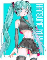 Rule 34 | 1girl, adapted costume, aqua background, aqua eyes, aqua hair, aqua necktie, arms at sides, bare shoulders, black skirt, black sleeves, black thighhighs, blue nails, border, breasts, character name, contrapposto, cowboy shot, crop top, detached sleeves, dot nose, expressionless, fingernails, hatsune miku, headset, highres, long hair, looking at viewer, midriff, narrow waist, navel, necktie, number tattoo, omuraisu oisiii, parted lips, pleated skirt, sideways glance, simple background, single horizontal stripe, skinny, skirt, small breasts, solo, stomach tattoo, tattoo, thighhighs, tie clip, twintails, two-sided fabric, very long hair, vocaloid, white border, wide-eyed, zettai ryouiki