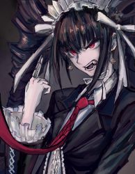 Rule 34 | 1girl, akitsu (davis0527dx), angry, black hair, black jacket, blunt bangs, breasts, celestia ludenberg, claw ring, commentary request, danganronpa: trigger happy havoc, danganronpa (series), drill hair, earrings, eyelashes, frills, gothic lolita, grey background, hair ribbon, highres, jacket, jewelry, lolita fashion, long hair, middle finger, necktie, open mouth, red eyes, red necktie, ribbon, simple background, solo, twin drills, upper body, white ribbon