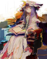 Rule 34 | 1girl, book, female focus, hat, iwamoto zerogo, long hair, patchouli knowledge, purple hair, sitting, solo, touhou