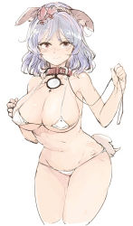 Rule 34 | 1girl, animal collar, animal ears, bdsm, bikini, blush, breasts, collar, commentary request, covered erect nipples, cowboy shot, cropped legs, dog ears, dog tail, female pubic hair, hair ornament, holding, kemonomimi mode, large breasts, leaf hair ornament, leash, legs together, looking at viewer, micro bikini, mirror, navel, pubic hair, purple hair, red collar, red eyes, rope, short hair, simple background, solo, standing, stomach, swimsuit, tail, touhou, wataichi meko, white background, white bikini, yasaka kanako