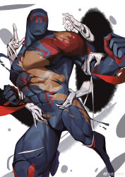 Rule 34 | 1boy, absurdres, bara, blue bodysuit, bodysuit, clenched hands, covered abs, covered erect nipples, dark-skinned male, dark skin, groping, highres, large pectorals, male focus, marvel, mask, miguel o&#039;hara, muscular, muscular male, my eight, pectorals, red bodysuit, spider-man: across the spider-verse, spider-man (2099), spider-man (series), spider-verse, torn bodysuit, torn clothes, two-tone bodysuit, weibo watermark