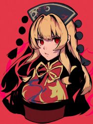 Rule 34 | 1girl, :/, bad id, bad pixiv id, black dress, blonde hair, breasts, chinese clothes, crescent, cropped torso, dress, hat, highres, junko (touhou), long hair, long sleeves, looking at viewer, neck ribbon, oftooon, red background, red eyes, ribbon, simple background, solo, tabard, touhou, upper body, wide sleeves
