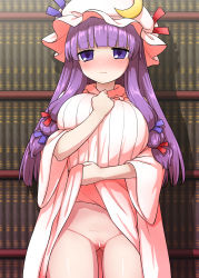 Rule 34 | 1girl, absurdres, bar censor, blush, book, breasts, censored, closed mouth, clothes lift, coat, crescent, crescent hair ornament, crescent hat ornament, embarrassed, gluteal fold, hair ornament, hat, hat ornament, highres, itou yuuji, large breasts, library, lifted by self, long hair, long sleeves, looking at viewer, mob cap, no panties, patchouli knowledge, pink shirt, pink skirt, purple eyes, purple hair, pussy, shirt, skirt, skirt lift, solo, striped, touhou, vertical stripes, very long hair, wide sleeves