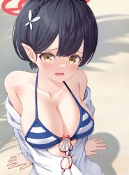 Rule 34 | 1girl, arm support, ayane (blue archive), ayane (swimsuit) (blue archive), bananafish1111, bare shoulders, bikini, black hair, blue archive, blue bikini, blush, breasts, cleavage, collarbone, eyewear hang, eyewear on shirt, unworn eyewear, glasses, glasses on shirt, glasses removed, hair ornament, halo, highres, jacket, large breasts, looking at viewer, off shoulder, open mouth, outdoors, pointy ears, raised eyebrows, sand, shadow, shirt, short hair, solo, swimsuit, upper body, white jacket, yellow eyes