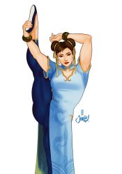 Rule 34 | 1girl, arms up, artist name, blue pants, bracelet, capcom, chest cutout, chinese clothes, chun-li, double bun, earrings, eyeshadow, flats, hair bun, hair ribbon, highres, jen bartel, jewelry, leg lift, looking at viewer, makeup, pants, pearl earrings, red lips, ribbon, short sleeves, simple background, solo, split, standing, standing on one leg, standing split, street fighter, street fighter 6, thick thighs, thighs, tight clothes, tight pants, toned