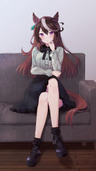 Rule 34 | 1girl, animal ears, black bow, black footwear, black hair, black skirt, black socks, blush, bow, breasts, brown hair, closed mouth, commentary request, couch, crossed legs, frilled skirt, frills, grey shirt, hair between eyes, heart, highres, horse ears, horse girl, horse tail, jewelry, long sleeves, looking at viewer, medium breasts, multicolored hair, on couch, purin jiisan, purple eyes, ring, shirt, shoes, sitting, skirt, socks, solo, streaked hair, symboli rudolf (umamusume), tail, two-tone hair, umamusume, white hair, wooden floor