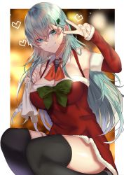 Rule 34 | 1girl, black thighhighs, bow, breasts, christmas, cleavage, closed mouth, detached sleeves, dress, green bow, green eyes, green hair, hair between eyes, hair ornament, hairclip, hand up, heart, highres, kantai collection, large breasts, long hair, looking at viewer, onineko-chan, red dress, smile, solo, squatting, suzuya (kancolle), thighhighs, v