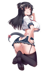 Rule 34 | 1girl, ass, ass cutout, back, back tattoo, black hair, black thighhighs, blunt bangs, blush, breasts, butt crack, clothing cutout, crop top, crop top overhang, darkmaya, demon, demon girl, english text, from behind, garter straps, grin, half-closed eyes, hand on own hip, heart, heart tattoo, highres, horns, kneeling, large breasts, long hair, looking at viewer, looking back, microskirt, miniskirt, nail polish, no bra, original, pink nails, pleated skirt, pointy ears, purple nails, red eyes, sailor collar, school uniform, serafuku, sharp teeth, simple background, skirt, skirt cutout, smile, soles, tail, tattoo, teeth, thighhighs, thong, tramp stamp, two side up, underboob, underwear, white background