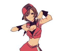 Rule 34 | 1girl, :3, brown hair, crop top, hat, highres, holding, holding microphone, meiko (vocaloid), microphone, miniskirt, rapping, red eyes, skirt, sleeveless, solo, vocaloid, white background, wrist cuffs, yen-mi
