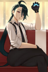 Rule 34 | 1girl, absurdres, ahoge, arm up, black gloves, black necktie, black pants, bright pupils, brown eyes, collared shirt, commentary, creatures (company), crossed legs, game freak, gloves, green hair, hair between eyes, highres, holding tera orb, long hair, mchiefy, necktie, nintendo, open mouth, pants, pokemon, pokemon sv, ponytail, rika (pokemon), shirt, sitting, solo, suspenders, tera orb, white pupils