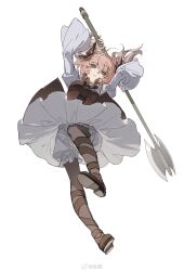 Rule 34 | 1girl, arms up, artist name, axe, battle axe, bloomers, bow, bowtie, brown bow, brown bowtie, brown footwear, brown pantyhose, circle skirt, closed mouth, demon horns, fingernails, frown, full body, hair ribbon, highres, holding, holding axe, holding weapon, horns, incoming attack, linie (sousou no frieren), long sleeves, looking at viewer, pantyhose, pink hair, purple eyes, ribbon, serious, simple background, snowcake47, solo, sousou no frieren, twintails, underwear, weapon, white background, white bloomers, wide sleeves