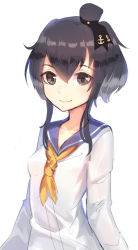 Rule 34 | 10s, 1girl, black hair, brown eyes, dress, ginon (sjyh3466), headgear, highres, kantai collection, looking at viewer, multicolored hair, neckerchief, sailor collar, sailor dress, short hair, short hair with long locks, simple background, smile, solo, tokitsukaze (kancolle), upper body, white background