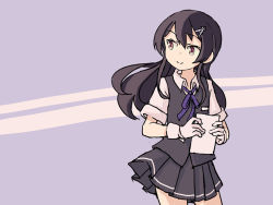 Rule 34 | 1girl, black hair, black skirt, black vest, blue ribbon, commentary, contrapposto, cowboy shot, english commentary, gloves, grey eyes, hair ornament, hairclip, kantai collection, long hair, neck ribbon, one-hour drawing challenge, oyashio (kancolle), paper, pleated skirt, purple background, ribbon, shirt, short sleeves, sixten, skirt, solo, standing, two-tone background, vest, white gloves, white shirt