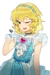 Rule 34 | 1girl, absurdres, blonde hair, brooch, buttons, commentary request, flat chest, gloves, green eyes, hairband, hand up, heart, heart brooch, highres, idolmaster, idolmaster cinderella girls, idolmaster cinderella girls u149, jewelry, korean commentary, light blue dress, light blush, looking at viewer, medium hair, messy hair, one eye closed, open mouth, p (pm 611a), ribbon, sakurai momoka, see-through, signature, simple background, solo, tiara, upper body, white background, white gloves