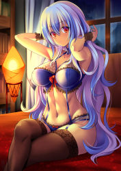 Rule 34 | 1girl, bed sheet, black thighhighs, blue bra, blue hair, blue panties, book, bookshelf, bow, bow bra, bow panties, bra, breasts, curtains, hair between eyes, hands up, hijikawa arashi, indoors, kamishirasawa keine, lace, lace-trimmed bra, lace-trimmed legwear, lace-trimmed panties, lace trim, lamp, large breasts, multicolored hair, navel, night, night sky, on bed, panties, red bow, red eyes, sitting, sky, solo, stomach, thighhighs, touhou, underwear, underwear only, white hair, window, wrist cuffs