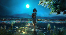 Rule 34 | 00, 1girl, animal, barefoot, blurry, cat, city, city lights, cityscape, dark, dock, dress, full moon, grass, highres, holding animal, looking at viewer, moon, moonlight, mountain, night, original, partially submerged, reflection, scenery, short hair, sky, smile, solo, tree, wading, water, white dress