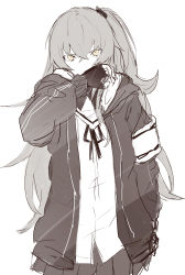 Rule 34 | 1girl, absurdres, black gloves, black jacket, black ribbon, black skirt, covering own mouth, feet out of frame, ff frbb122, fingerless gloves, girls&#039; frontline, gloves, grey hair, greyscale, hair ornament, hand in mouth, hand on back, highres, jacket, long hair, looking at viewer, monochrome, neck ribbon, open clothes, open jacket, ribbon, scar, scar across eye, scar on face, serious, shirt, skirt, solo, standing, ump45 (girls&#039; frontline), white background, white shirt, yellow eyes