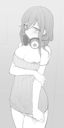 Rule 34 | 1girl, areola slip, arm grab, arm under breasts, bare arms, bare shoulders, blush, breast hold, breasts, cleavage, commentary request, dress, eyes visible through hair, go-toubun no hanayome, greyscale, hair between eyes, headphones, headphones around neck, highres, large breasts, long hair, monochrome, nakano miku, panties, panty pull, parted lips, pulled by self, ribbed dress, short dress, sleeveless, sleeveless dress, solo, strap slip, underwear, waero