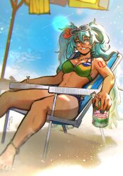 1girl absurdres armpits barefoot beach beach_chair beach_umbrella blush brazilian_flag_bikini brazilian_miku breasts can cleavage drink_can eyebrows_hidden_by_hair eyewear_on_head guarana_antarctica hair_between_eyes hatsune_miku highres holding holding_can iara_png jewelry large_breasts lens_flare long_hair looking_at_viewer multicolored_nails navel navel_piercing necklace open_mouth piercing shoulder_tattoo sitting smile soda_can solo stomach sunglasses tan tanline tattoo teeth twintails umbrella vocaloid