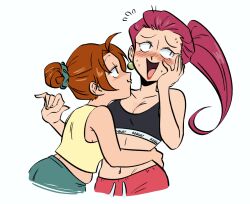 Rule 34 | 2girls, alternate hairstyle, alternate universe, black sports bra, blush, breasts, brown eyes, brown hair, cleavage, commentary, couple, creatures (company), cropped legs, delia ketchum, drawstring, english commentary, game freak, hair bun, height difference, highres, hug, jessie (pokemon), kiana mai, long hair, looking at another, looking away, mature female, medium breasts, multiple girls, nintendo, nose blush, pokemon, pokemon (anime), pokemon (classic anime), purple eyes, purple hair, short hair, side ponytail, single hair bun, sports bra, tank top, updo, yellow tank top, yuri