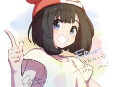 Rule 34 | 1girl, arrow (symbol), artist name, beanie, black hair, blue eyes, blush, collarbone, creatures (company), english text, female focus, flat chest, floral print, game freak, grin, hand up, happy, hat, looking at viewer, milestone celebration, miu (miuuu 721), nintendo, pointing, pointing up, poke ball theme, pokemon, pokemon sm, red hat, selene (pokemon), shirt, short hair, short sleeves, signature, smile, solo, teeth, twitter username, undershirt, upper body
