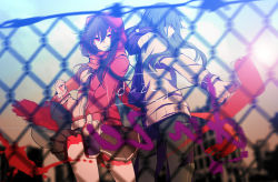 Rule 34 | 1boy, 1girl, aki663, black hair, cityscape, daze (kagerou project), drawing on fourth wall, fence, green hair, hair ornament, hairclip, highres, hood, hoodie, kagerou project, kido tsubomi, long hair, motion blur, paint can, paint roller, red eyes, spray can, tateyama ayano, vocaloid