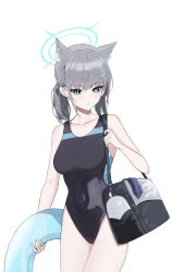 Rule 34 | 1girl, absurdres, animal ear fluff, animal ears, aremen, bag, black one-piece swimsuit, blue archive, blue eyes, breasts, competition swimsuit, covered navel, cowboy shot, cross hair ornament, extra ears, grey hair, hair ornament, halo, highres, innertube, low ponytail, medium breasts, medium hair, mismatched pupils, multicolored clothes, multicolored swimsuit, official alternate costume, one-piece swimsuit, shiroko (blue archive), shiroko (swimsuit) (blue archive), simple background, solo, swim ring, swimsuit, white background, wolf ears