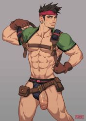 Rule 34 | 1boy, abs, absolum art, bara, bare pectorals, biggs (ff7), blush, character request, check character, chest harness, clothes lift, earrings, facial hair, final fantasy, final fantasy vii, flaccid, foreskin, goatee, harness, headband, highres, jewelry, leather, looking at viewer, male focus, mature male, muscular, muscular male, navel, navel hair, pectoral cleavage, pectorals, penis, pulled by self, shirt behind neck, shirt lift, short hair, sideburns, smile, solo, spiked hair, stomach, thighs, uncensored, undressing
