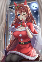 Rule 34 | 1girl, ;), absurdres, animal ears, bell, black pantyhose, black scrunchie, blue eyes, bow, bowtie, braid, braided ponytail, breasts, brown hair, capelet, christmas, cleavage, closed mouth, commentary, curtains, dress, ear covers, english commentary, finger to mouth, full moon, fur-trimmed capelet, fur-trimmed dress, fur-trimmed gloves, fur trim, gloves, green bow, green bowtie, hair bell, hair bow, hair ornament, hair scrunchie, highres, holding, holding sack, horse ears, horse girl, horse tail, index finger raised, indoors, large breasts, long hair, looking at viewer, mixed-language commentary, moon, night, night sky, one eye closed, over shoulder, pantyhose, red capelet, red dress, red gloves, reindeer, sack, santa claus, santa dress, santa gloves, scrunchie, short dress, shushing, single braid, sitting, sky, sleigh, smile, snowing, solo, super creek (umamusume), tail, umamusume, very long hair, wind, window, yuru 010