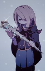 Rule 34 | 10s, 1girl, dress, hair over one eye, hat, highres, ica tm, little witch academia, long hair, pale skin, pink hair, red eyes, shiny rod (little witch academia), simple background, solo, sucy manbavaran, witch