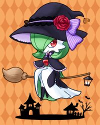 Rule 34 | boots, bow, bowtie, broom, broom riding, chibi, clothed pokemon, costume, creatures (company), dress, flower, frills, game freak, gardevoir, gen 3 pokemon, green hair, halloween, halloween costume, hat, hat bow, highres, lamp, muguet, nintendo, no feet, pokemon, red eyes, red flower, red rose, rose, witch, witch hat