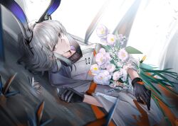Rule 34 | 1girl, absurdres, animal ears, arknights, black blood, black gloves, blood, bouquet, commentary, dress, eugle na, flower, frostnova (arknights), frown, gloves, grey hair, hair ornament, hairclip, highres, long hair, looking at viewer, lying, on back, rabbit ears, rabbit girl, scar, scar on face, scar on nose, sidelocks, simple background, solo, spoilers, upper body, white background, white dress, white flower, white hair