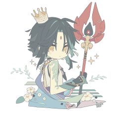 Rule 34 | 1boy, ahoge, arm tattoo, asymmetrical gloves, bead necklace, beads, black gloves, black hair, chibi, commentary request, crown, facial mark, flower, forehead mark, from side, genshin impact, gloves, green gloves, green hair, highres, holding, holding polearm, holding weapon, jewelry, looking at viewer, mini crown, mismatched gloves, necklace, parted bangs, pastel colors, polearm, rororoyu, shirt, short hair, sleeveless, sleeveless shirt, solo, sparkle, staff of homa (genshin impact), tattoo, upper body, weapon, white flower, white shirt, xiao (genshin impact), yellow eyes