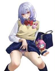 Rule 34 | 1girl, absurdres, alternate eye color, alternate hair color, bag, bandaid, breasts, clothes lift, elysia (honkai impact), hair ornament, herrscher of corruption, highres, honkai (series), honkai impact 3rd, large breasts, looking at viewer, panties, pointy ears, school bag, school uniform, simple background, skirt, skirt lift, smile, stocks, thighs, tutou jiang, underwear, white background