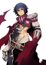Rule 34 | 1boy, armor, bandages, belt, black pants, blue hair, chain, closed mouth, commentary, cowboy shot, english commentary, eremes guile, gauntlets, looking at viewer, loose belt, male focus, pants, pauldrons, pink gemstone, ragnarok online 2: legend of the second, red eyes, red scarf, scar, scar on face, scar on nose, scarf, short hair, shoulder armor, simple background, smile, solo, transparent background, twai