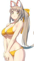 Rule 34 | 1girl, absurdres, animal ear fluff, animal ears, arukiru, bikini, bow, breasts, brown hair, cat ears, cat girl, cat tail, cleavage, collarbone, hair bow, highres, large breasts, looking at viewer, original, parted lips, ponytail, simple background, solo, swimsuit, tail, white background, yellow bikini, yellow bow, yellow eyes