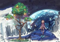 Rule 34 | 3girls, bell, breasts, brown hair, dragon, fairy, fantasy, kamome yuu, mini person, minigirl, multiple girls, original, sitting, size difference, skirt, thighhighs, tree