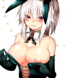 Rule 34 | 1girl, animal ears, bare shoulders, black gloves, blush, breasts, breasts out, commentary request, detached collar, elbow gloves, fake animal ears, gloves, grey hair, hair between eyes, large areolae, large breasts, leotard, long hair, looking at viewer, mofuaki, nipples, original, playboy bunny, puffy nipples, purple eyes, rabbit ears, sharp teeth, sidelocks, smile, solo, teeth, tsurime, upper body