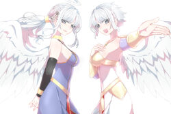 2girls :d angel angel_wings arms_behind_back black_sleeves blue_dress bracelet braid breasts commentary_request crown_braid detached_sleeves dragon_quest dragon_quest_x dress euriza_(dq10) floating_hair flower from_side gold_bracelet grey_eyes hair_flower hair_ornament halo hand_on_own_chest highres jewelry kmnr_ne large_breasts lectalys long_hair looking_at_viewer looking_to_the_side multiple_girls necklace open_mouth ponytail reaching reaching_towards_viewer short_hair smile strapless strapless_dress white_background white_dress white_hair white_halo white_wings wings