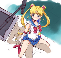 Rule 34 | 1boy, 1girl, absurdres, age difference, bare shoulders, bed, bed sheet, bishoujo senshi sailor moon, blonde hair, blue eyes, blue sailor collar, blue skirt, blush, boots, bow, breasts, brooch, choker, cleavage, clothed female nude male, clothes lift, collarbone, commentary request, crescent, crescent earrings, cum, derivative work, diadem, double bun, earrings, elbow gloves, full body, girl on top, gloves, grin, hair bun, heart, heart choker, hetero, highres, holding hands, jewelry, lips, long hair, long twintails, looking at viewer, looking up, meme, nude, on bed, parted lips, pleated skirt, red choker, red footwear, reverse cowgirl position, sailor collar, sailor moon, sailor moon redraw challenge (meme), sailor senshi, sailor senshi uniform, school uniform, serafuku, sex, sex from behind, sidelocks, skirt, skirt lift, sleeveless, small breasts, smile, solo focus, spread legs, star (symbol), star earrings, straddling, suzuki24, sweat, tiara, tsukino usagi, twintails, white gloves