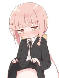 Rule 34 | 1boy, ayanepuna, black ribbon, black robe, black skirt, blunt bangs, blush, bow, brown bow, brown eyes, closed mouth, clothes lift, collared shirt, commentary request, crossdressing, dress shirt, groin, hair bow, hair ornament, hairclip, highres, hood, hood down, hooded robe, lifted by self, low ponytail, navel, neck ribbon, nono (ayanepuna), nose blush, open clothes, open robe, original, out-of-frame censoring, pink hair, pleated skirt, ponytail, ribbon, robe, shirt, sidelocks, simple background, skirt, skirt lift, solo, trap, upper body, wavy mouth, white background, white shirt